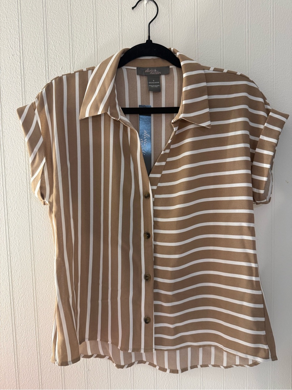 Tan and White Striped Short-Sleeve Button-Front Blouse